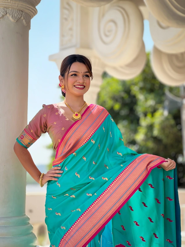 PAITHANI_HOUSE221 Designer Paithani Saree � Soft Silk with Zari Motifs, Meenakari Border & Tassel Finish- PEACOCK PAITHANI - RAMA