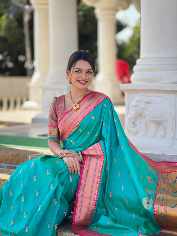 PAITHANI_HOUSE221 Designer Paithani Saree � Soft Silk with Zari Motifs, Meenakari Border & Tassel Finish- PEACOCK PAITHANI - RAMA