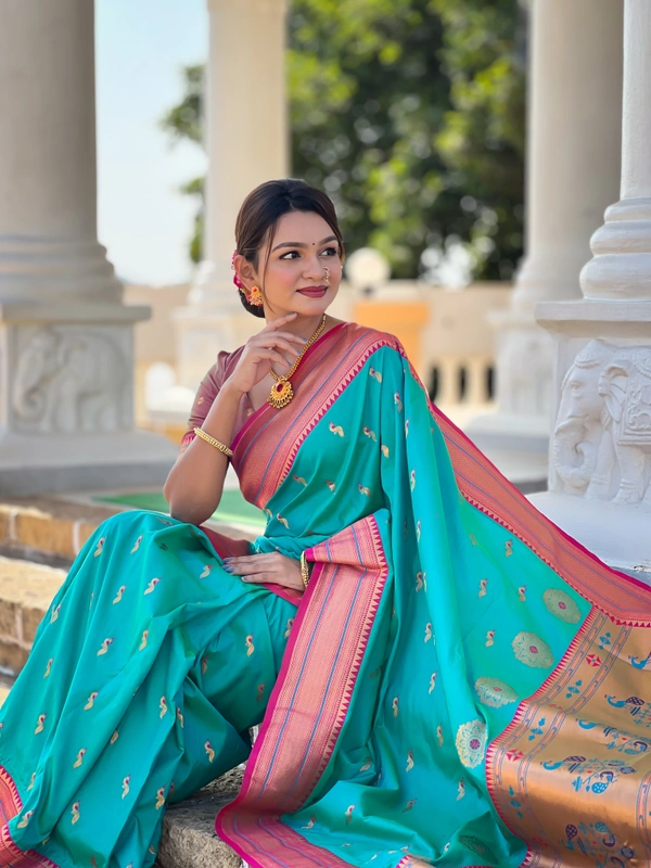 PAITHANI_HOUSE221 Designer Paithani Saree � Soft Silk with Zari Motifs, Meenakari Border & Tassel Finish- PEACOCK PAITHANI - RAMA