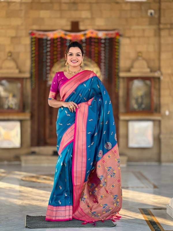 PAITHANI_HOUSE222 Designer Paithani Saree � Soft Silk with Zari Motifs, Meenakari Border & Tassel Finish- PEACOCK PAITHANI - SKY BLUE