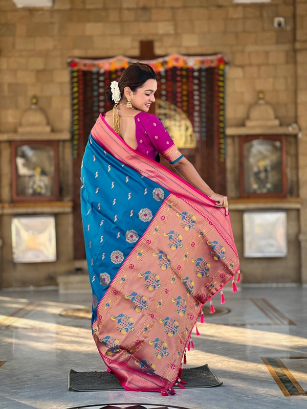 PAITHANI_HOUSE222 Designer Paithani Saree � Soft Silk with Zari Motifs, Meenakari Border & Tassel Finish- PEACOCK PAITHANI - SKY BLUE