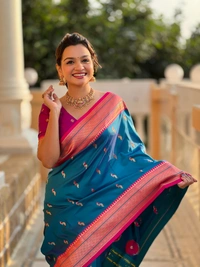 PAITHANI_HOUSE222 Designer Paithani Saree � Soft Silk with Zari Motifs, Meenakari Border & Tassel Finish- PEACOCK PAITHANI - SKY BLUE
