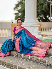 PAITHANI_HOUSE222 Designer Paithani Saree � Soft Silk with Zari Motifs, Meenakari Border & Tassel Finish- PEACOCK PAITHANI - SKY BLUE