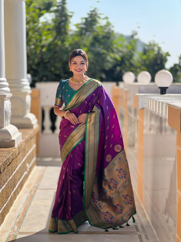 PAITHANI_HOUSE223 Designer Paithani Saree � Soft Silk with Zari Motifs, Meenakari Border & Tassel Finish- PEACOCK PAITHANI - WINE