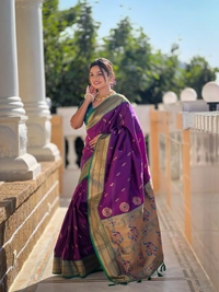 PAITHANI_HOUSE223 Designer Paithani Saree � Soft Silk with Zari Motifs, Meenakari Border & Tassel Finish- PEACOCK PAITHANI - WINE