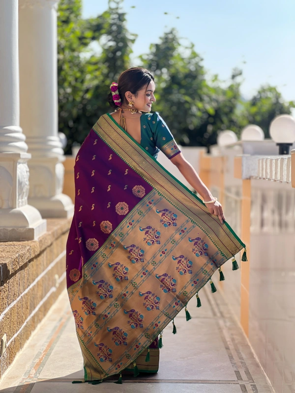 PAITHANI_HOUSE223 Designer Paithani Saree � Soft Silk with Zari Motifs, Meenakari Border & Tassel Finish- PEACOCK PAITHANI - WINE