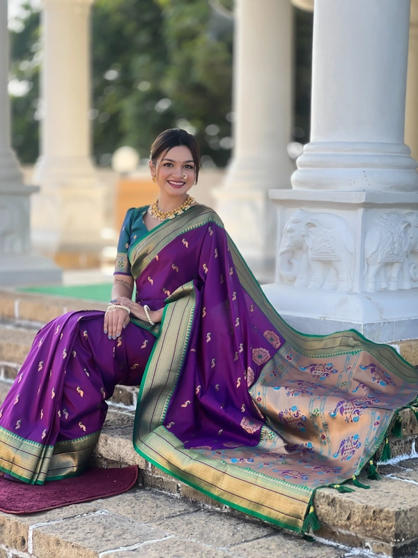 PAITHANI_HOUSE223 Designer Paithani Saree � Soft Silk with Zari Motifs, Meenakari Border & Tassel Finish- PEACOCK PAITHANI - WINE