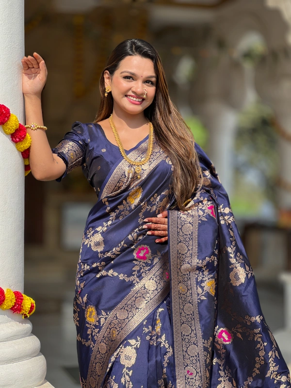 PAITHANI_HOUSE323 Designer Soft Banarasi Saree with Zari Border & Weaving Blouse - BANARASI - 1 - NEAVY BLUE