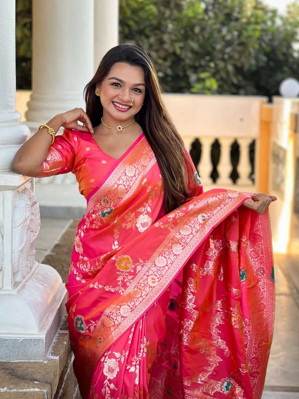 PAITHANI_HOUSE324 Designer Soft Banarasi Saree with Zari Border & Weaving Blouse - BANARASI - 1 - GAJRI PINK