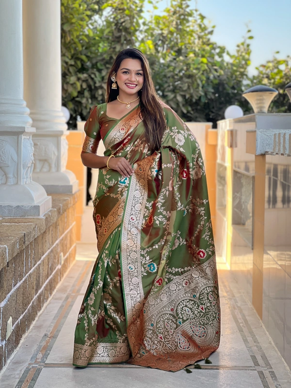 PAITHANI_HOUSE325 Designer Soft Banarasi Saree with Zari Border & Weaving Blouse - BANARASI - 1 - MEHENDI