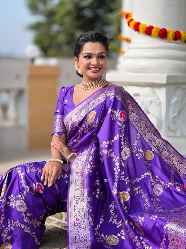 PAITHANI_HOUSE326 Designer Soft Banarasi Saree with Zari Border & Weaving Blouse - BANARASI - 1 - PURPLE