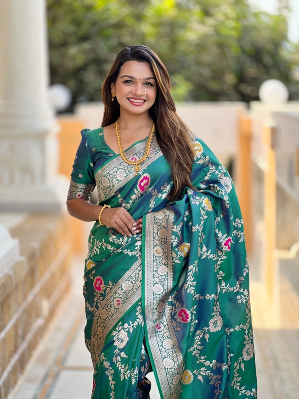 PAITHANI_HOUSE327 Designer Soft Banarasi Saree with Zari Border & Weaving Blouse - BANARASI - 1 - RAMA