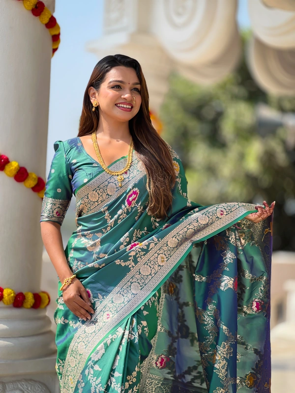 PAITHANI_HOUSE327 Designer Soft Banarasi Saree with Zari Border & Weaving Blouse - BANARASI - 1 - RAMA