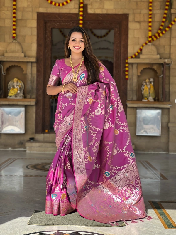 PAITHANI_HOUSE328 Designer Soft Banarasi Saree with Zari Border & Weaving Blouse - BANARASI - 1 - ONION