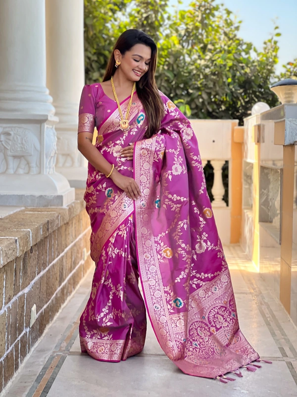 PAITHANI_HOUSE328 Designer Soft Banarasi Saree with Zari Border & Weaving Blouse - BANARASI - 1 - ONION