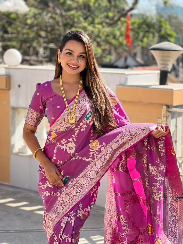 PAITHANI_HOUSE328 Designer Soft Banarasi Saree with Zari Border & Weaving Blouse - BANARASI - 1 - ONION