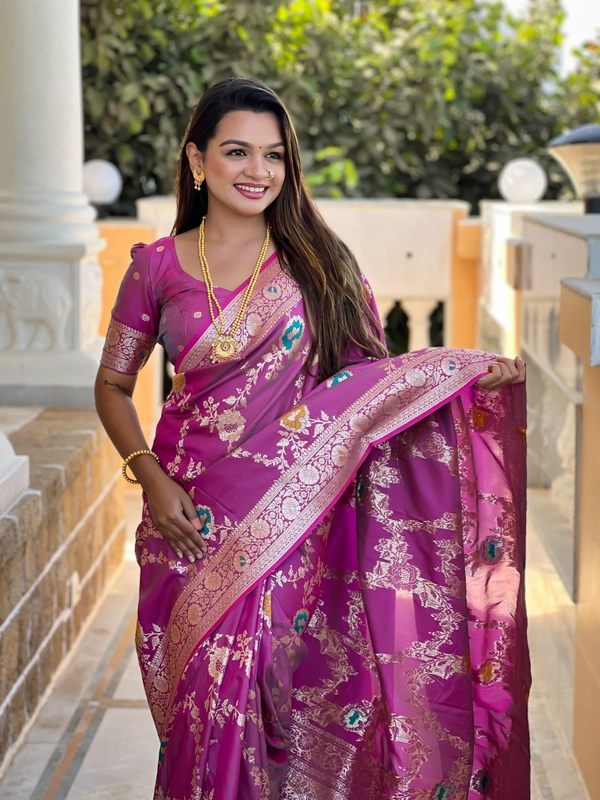 PAITHANI_HOUSE328 Designer Soft Banarasi Saree with Zari Border & Weaving Blouse - BANARASI - 1 - ONION