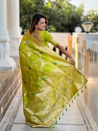 PAITHANI_HOUSE329 Designer Soft Banarasi Saree with Zari Border & Weaving Blouse - BANARASI - 1 - PERROT GREEN