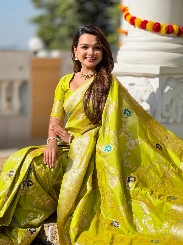 PAITHANI_HOUSE329 Designer Soft Banarasi Saree with Zari Border & Weaving Blouse - BANARASI - 1 - PERROT GREEN