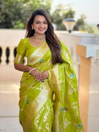 PAITHANI_HOUSE329 Designer Soft Banarasi Saree with Zari Border & Weaving Blouse - BANARASI - 1 - PERROT GREEN