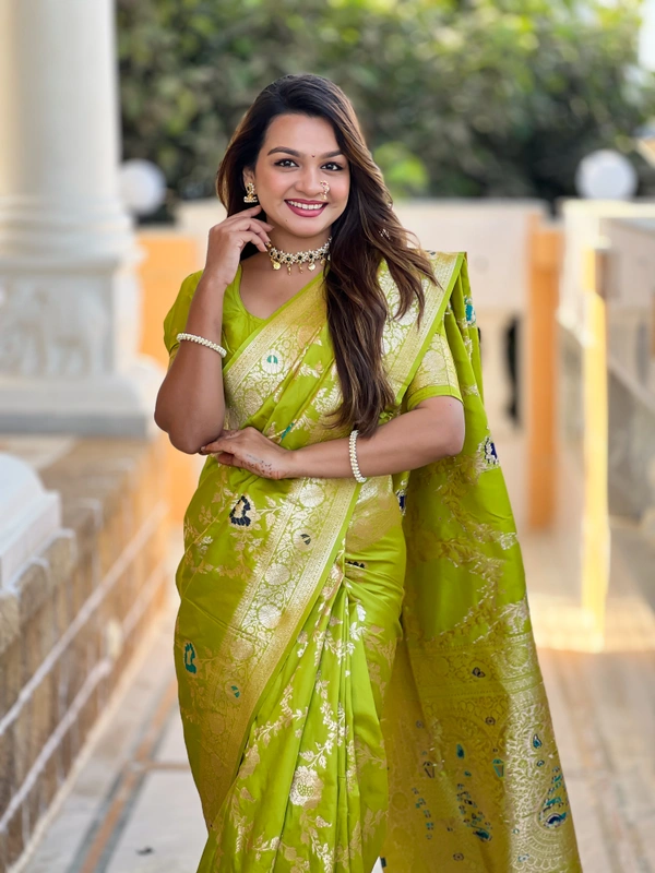 PAITHANI_HOUSE329 Designer Soft Banarasi Saree with Zari Border & Weaving Blouse - BANARASI - 1 - PERROT GREEN