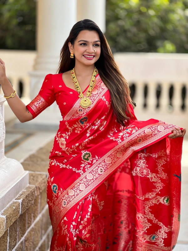 PAITHANI_HOUSE330 Designer Soft Banarasi Saree with Zari Border & Weaving Blouse - BANARASI - 1 - RED