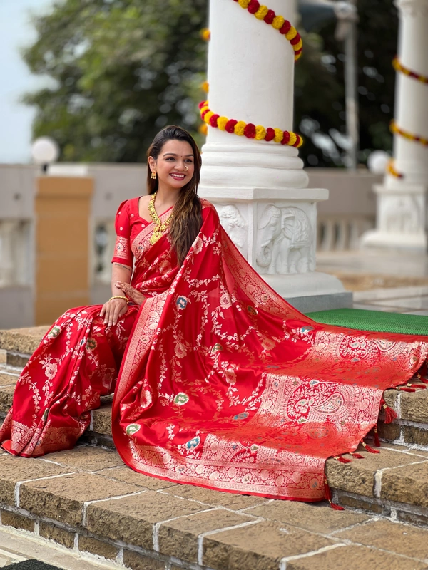 PAITHANI_HOUSE330 Designer Soft Banarasi Saree with Zari Border & Weaving Blouse - BANARASI - 1 - RED
