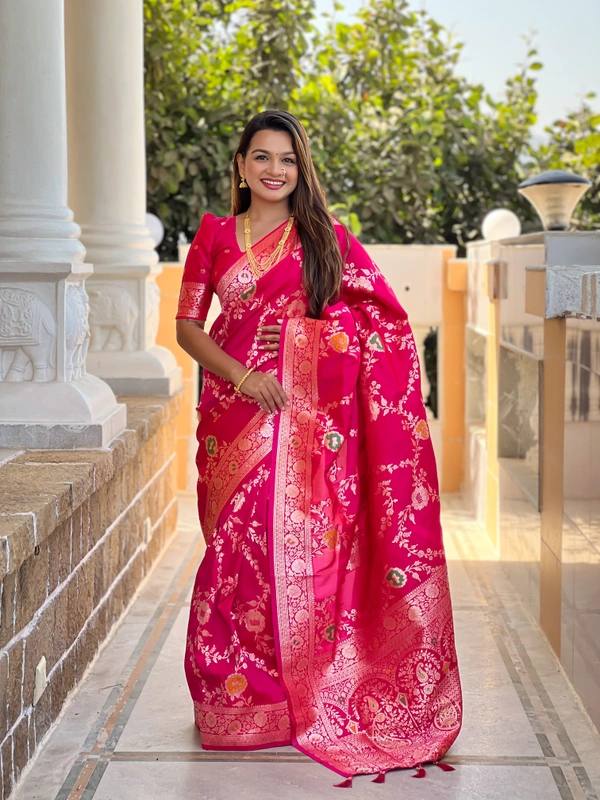 PAITHANI_HOUSE332 Designer Soft Banarasi Saree with Zari Border & Weaving Blouse - BANARASI - 1 - RANI PINK