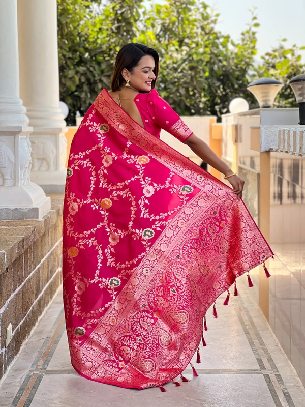 PAITHANI_HOUSE332 Designer Soft Banarasi Saree with Zari Border & Weaving Blouse - BANARASI - 1 - RANI PINK