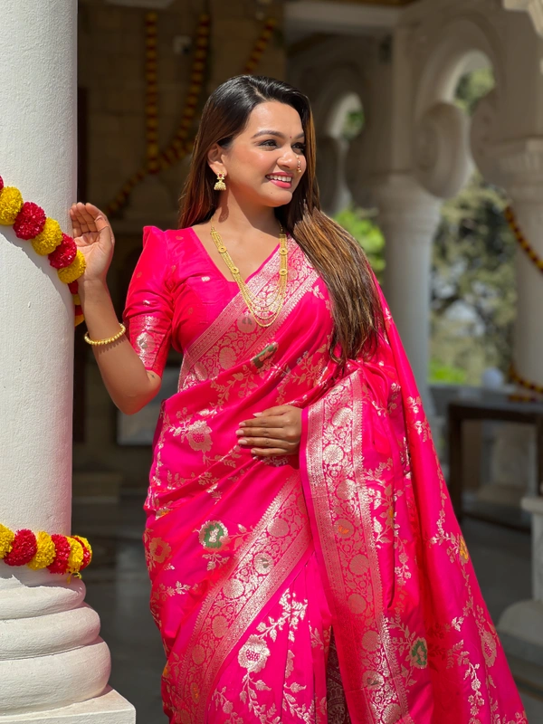 PAITHANI_HOUSE332 Designer Soft Banarasi Saree with Zari Border & Weaving Blouse - BANARASI - 1 - RANI PINK