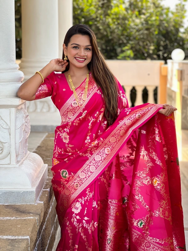 PAITHANI_HOUSE332 Designer Soft Banarasi Saree with Zari Border & Weaving Blouse - BANARASI - 1 - RANI PINK