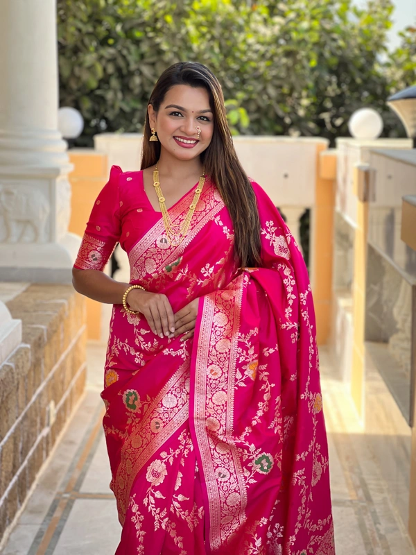 PAITHANI_HOUSE332 Designer Soft Banarasi Saree with Zari Border & Weaving Blouse - BANARASI - 1 - RANI PINK