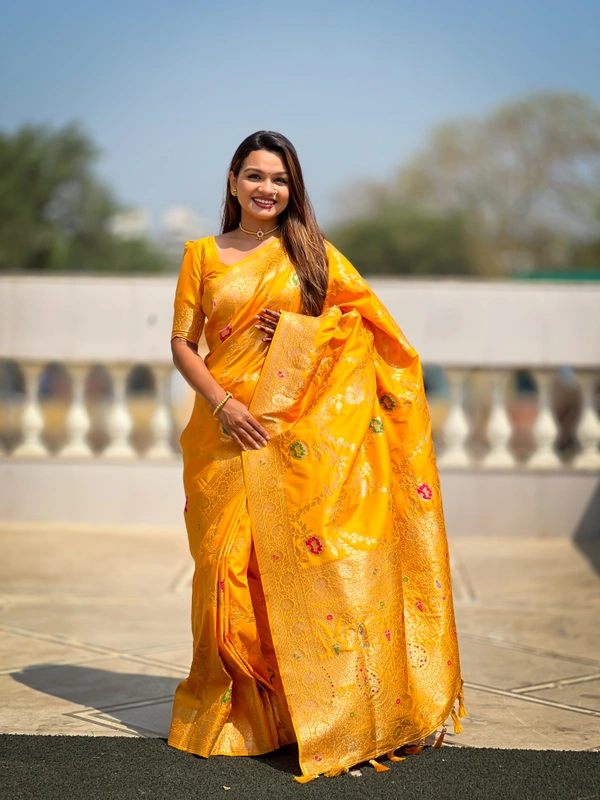 PAITHANI_HOUSE333 Designer Soft Banarasi Saree with Zari Border & Weaving Blouse - BANARASI - 1 - YELLOW