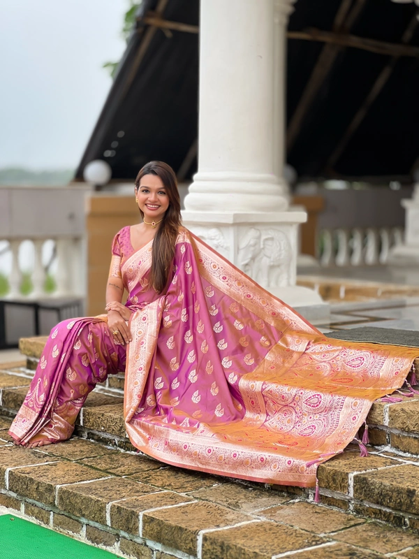 PAITHANI_HOUSE253 Designer Soft Banarasi Silk Saree with Meenakari Weaving & Contrast Rich Pallu - BANARASI - 15 NECKLESS - RANI PINK
