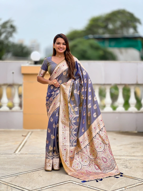PAITHANI_HOUSE254 Designer Soft Banarasi Silk Saree with Meenakari Weaving & Contrast Rich Pallu - BANARASI - 15 NECKLESS - Dusty Blue
