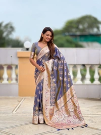 PAITHANI_HOUSE254 Designer Soft Banarasi Silk Saree with Meenakari Weaving & Contrast Rich Pallu - BANARASI - 15 NECKLESS - Dusty Blue