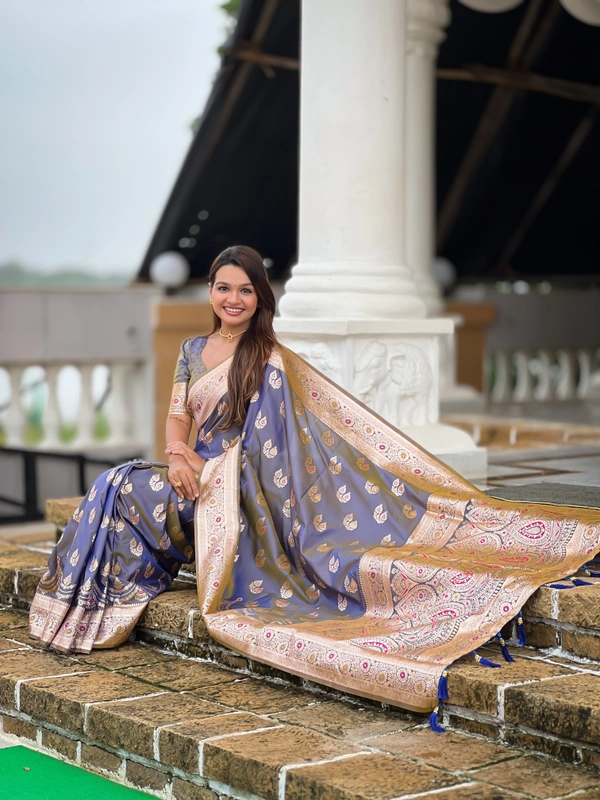 PAITHANI_HOUSE254 Designer Soft Banarasi Silk Saree with Meenakari Weaving & Contrast Rich Pallu - BANARASI - 15 NECKLESS - Dusty Blue
