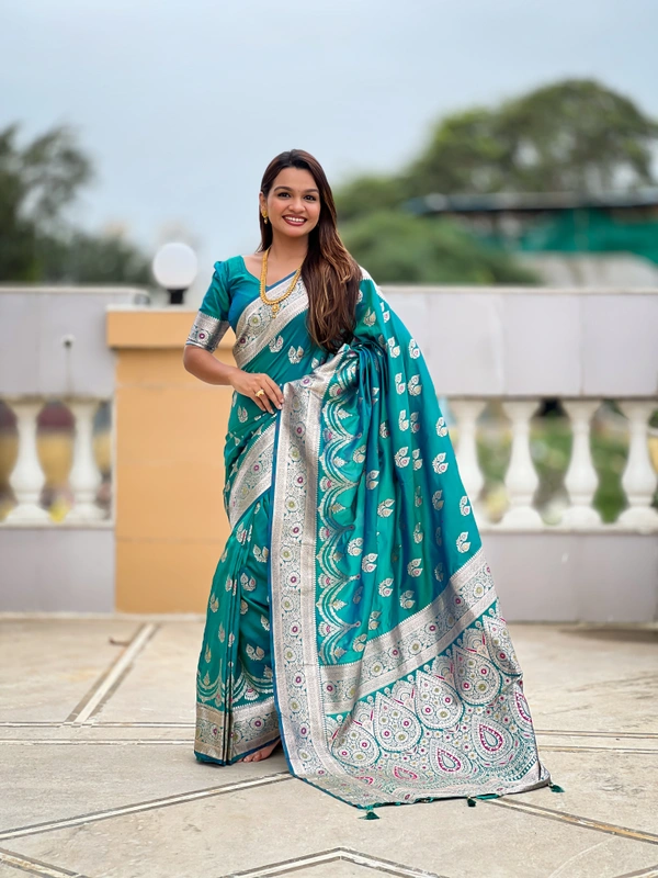 PAITHANI_HOUSE255 Designer Soft Banarasi Silk Saree with Meenakari Weaving & Contrast Rich Pallu - BANARASI - 15 NECKLESS - Teal Blue