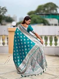 PAITHANI_HOUSE255 Designer Soft Banarasi Silk Saree with Meenakari Weaving & Contrast Rich Pallu - BANARASI - 15 NECKLESS - Teal Blue