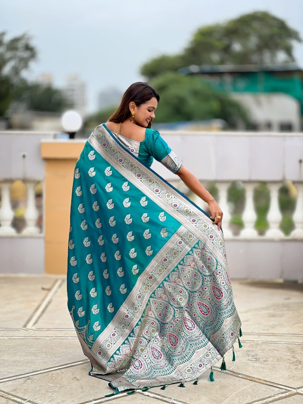 PAITHANI_HOUSE255 Designer Soft Banarasi Silk Saree with Meenakari Weaving & Contrast Rich Pallu - BANARASI - 15 NECKLESS - Teal Blue