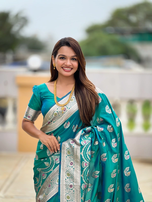 PAITHANI_HOUSE255 Designer Soft Banarasi Silk Saree with Meenakari Weaving & Contrast Rich Pallu - BANARASI - 15 NECKLESS - Teal Blue