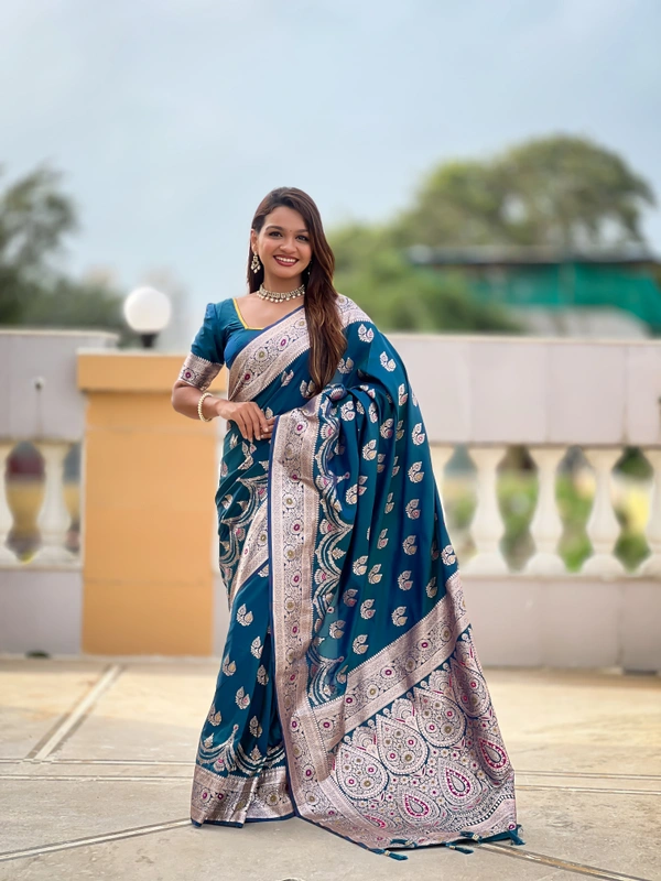 PAITHANI_HOUSE256 Designer Soft Banarasi Silk Saree with Meenakari Weaving & Contrast Rich Pallu - BANARASI - 15 NECKLESS - Ink Blue