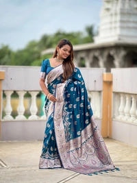 PAITHANI_HOUSE256 Designer Soft Banarasi Silk Saree with Meenakari Weaving & Contrast Rich Pallu - BANARASI - 15 NECKLESS - Ink Blue