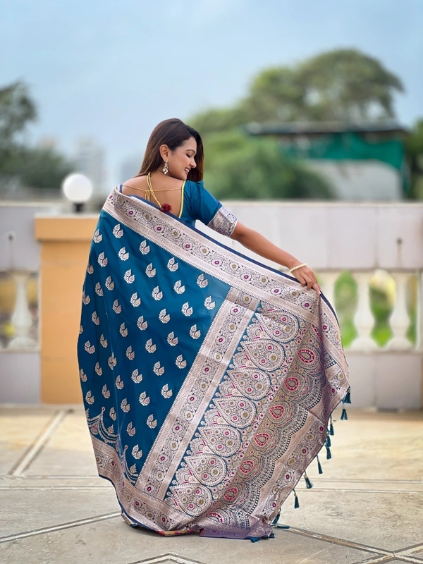 PAITHANI_HOUSE256 Designer Soft Banarasi Silk Saree with Meenakari Weaving & Contrast Rich Pallu - BANARASI - 15 NECKLESS - Ink Blue