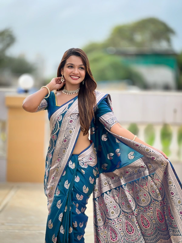 PAITHANI_HOUSE256 Designer Soft Banarasi Silk Saree with Meenakari Weaving & Contrast Rich Pallu - BANARASI - 15 NECKLESS - Ink Blue