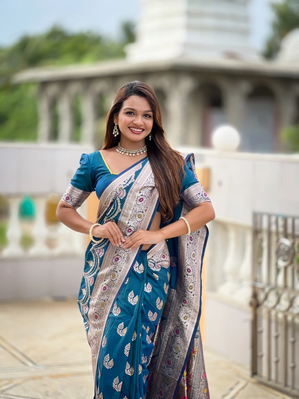 PAITHANI_HOUSE256 Designer Soft Banarasi Silk Saree with Meenakari Weaving & Contrast Rich Pallu - BANARASI - 15 NECKLESS - Ink Blue