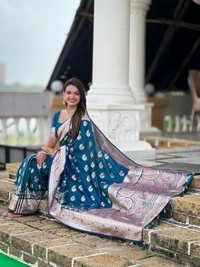 PAITHANI_HOUSE256 Designer Soft Banarasi Silk Saree with Meenakari Weaving & Contrast Rich Pallu - BANARASI - 15 NECKLESS - Ink Blue