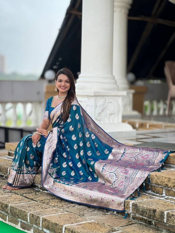 PAITHANI_HOUSE256 Designer Soft Banarasi Silk Saree with Meenakari Weaving & Contrast Rich Pallu - BANARASI - 15 NECKLESS - Ink Blue