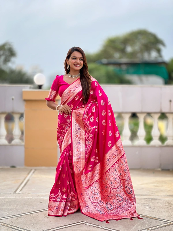 PAITHANI_HOUSE257 Designer Soft Banarasi Silk Saree with Meenakari Weaving & Contrast Rich Pallu - BANARASI - 15 NECKLESS - HOT Pink