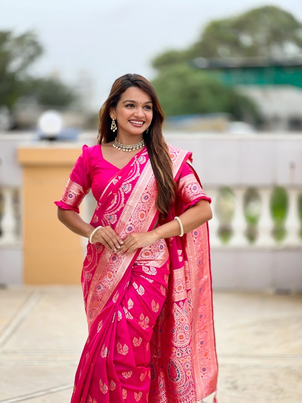PAITHANI_HOUSE257 Designer Soft Banarasi Silk Saree with Meenakari Weaving & Contrast Rich Pallu - BANARASI - 15 NECKLESS - HOT Pink